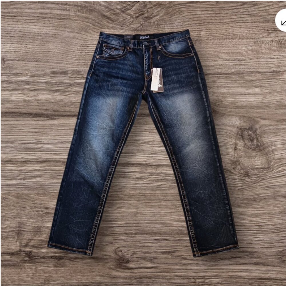 True Luck Jeans men's 34x30 Stretch Straight 3 Flap Pockets Embroidered blue